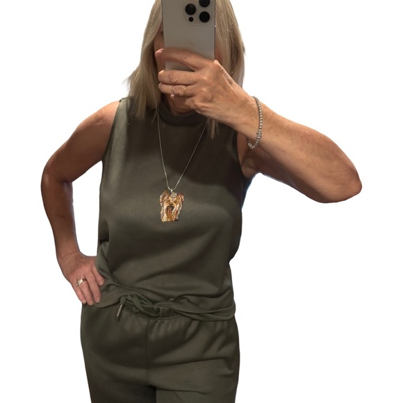 Hand Crafted Beaded Yorkie Pendant Necklace brown and Yellow - 24” silver chain - Picture 4 of 8